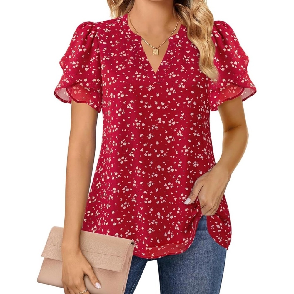 Lotusmile Red V-Neck Flutter Sleeve Printed Blouse